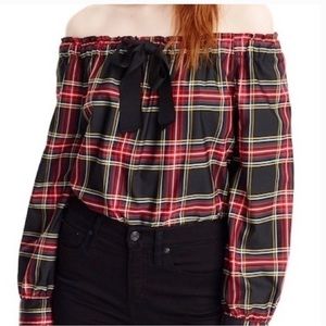 J Crew Stewart plaid‎ off the shoulder top F15